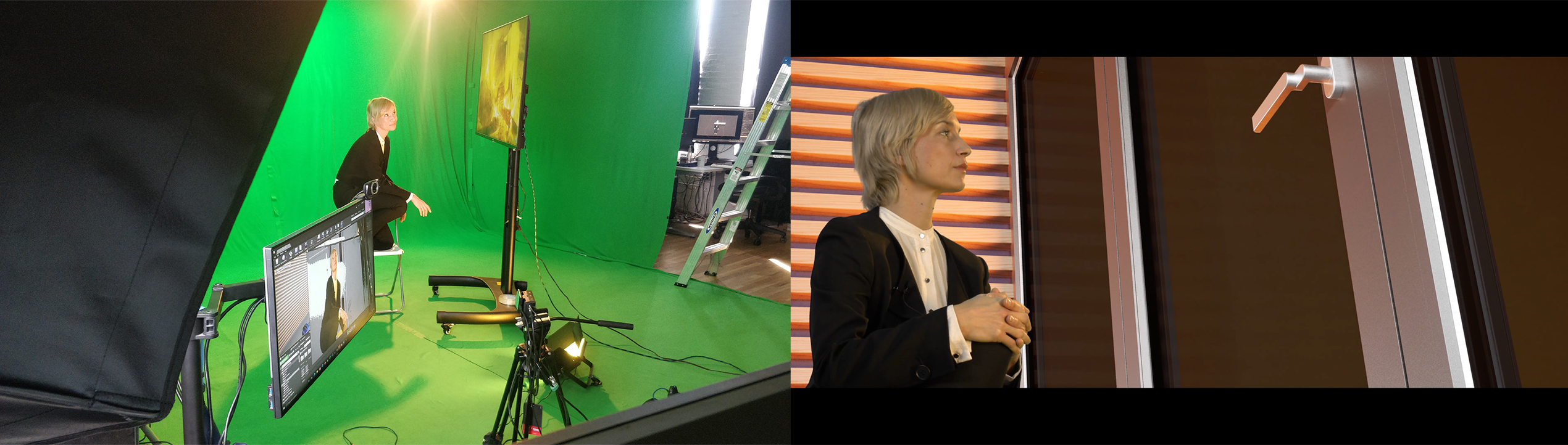 On the left: an actress surrounded by multiple light sources to simulate fire light. On the right: the rendered scene showing the actress in front of a fire behind a glass security door.